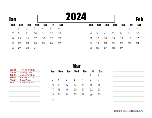 2024 Quarterly Three Month Calendar