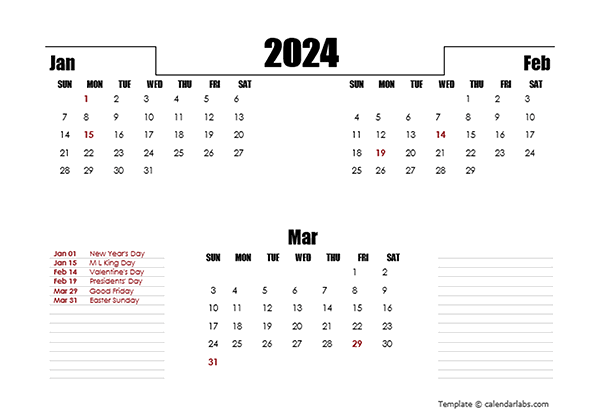 2024 Three Months Word Calendar Template