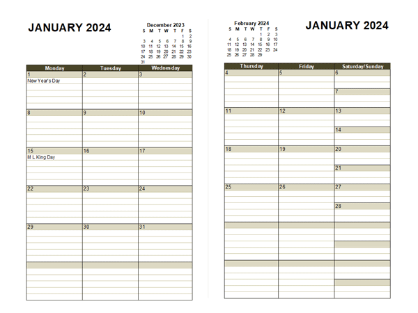 2024 Two Page Monthly Calendar A3