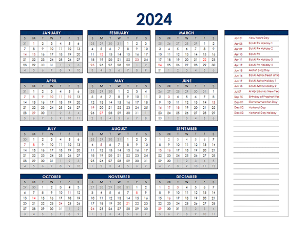 2024 UAE Annual Calendar with Holidays