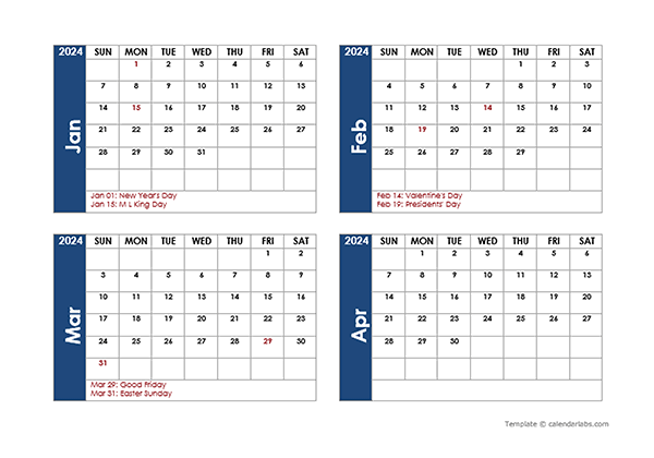 2024 Word Calendar Four Months Per Page