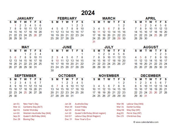 2024 Year at a Glance Calendar with Australia Holidays