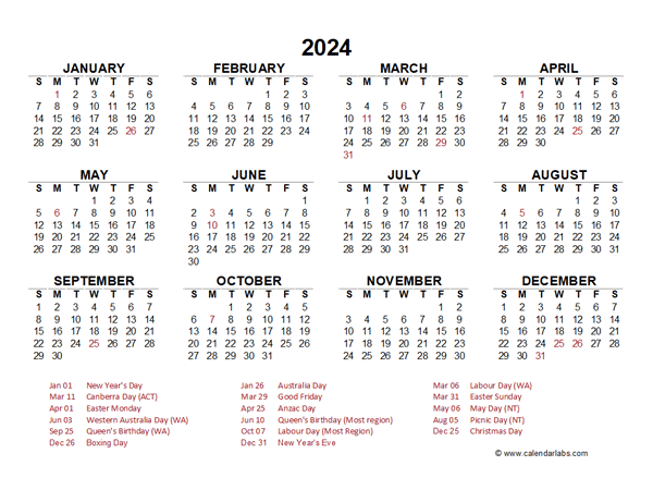 2024 Year at a Glance Calendar with Australia Holidays - Free Printable