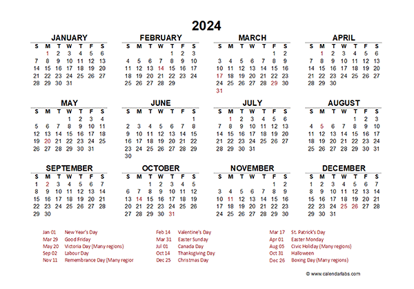 2024 Year at a Glance Calendar with Canada Holidays - Free Printable