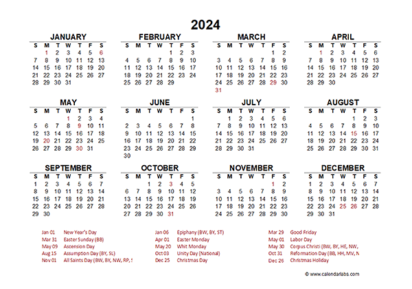 2024 Year at a Glance Calendar with Germany Holidays