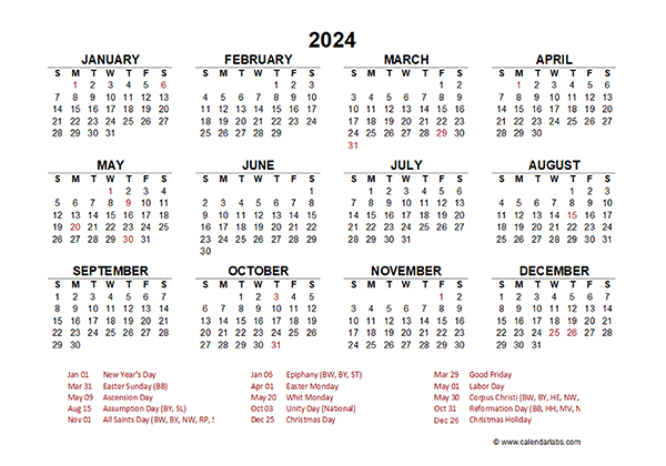 2024 Year at a Glance Calendar with Germany Holidays Free Printable Templates