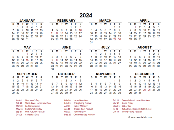 2024 Year at a Glance Calendar with Hong Kong Holidays - Free Printable