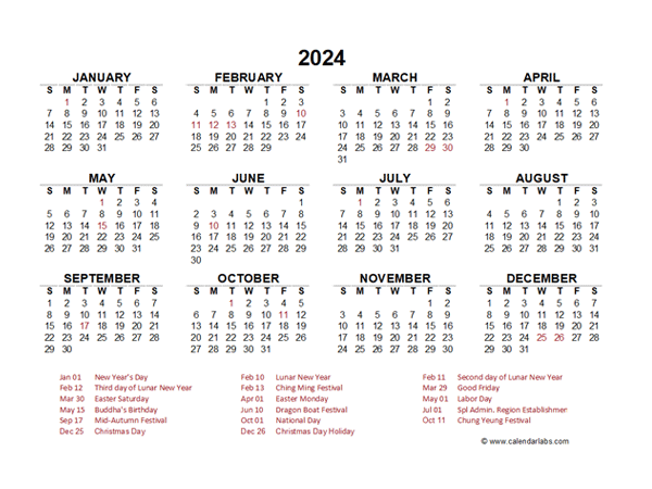 2024 Year at a Glance Calendar with Hong Kong Holidays