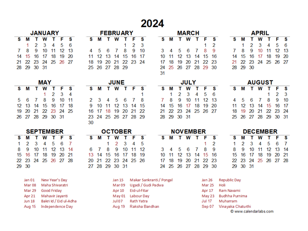 2024 Year at a Glance Calendar with India Holidays