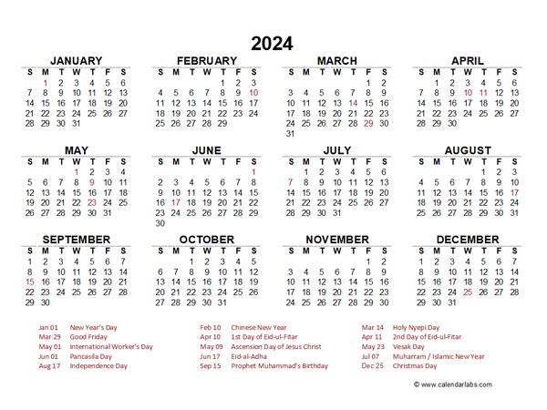 2024 Year at a Glance Calendar with Indonesia Holidays