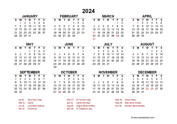 2024 Year at a Glance Calendar with Ireland Holidays - Free Printable