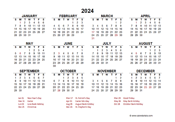 2024 Year at a Glance Calendar with Ireland Holidays