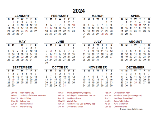 2024 Year at a Glance Calendar with Malaysia Holidays - Free Printable ...