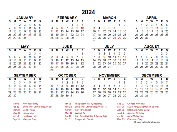 2024 Year at a Glance Calendar with Malaysia Holidays