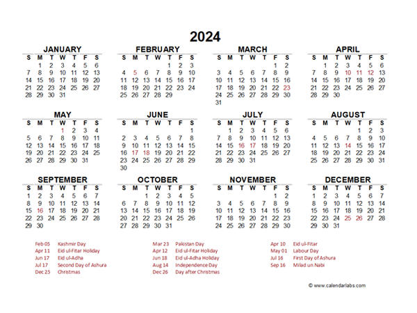 2024 Year at a Glance Calendar with Pakistan Holidays
