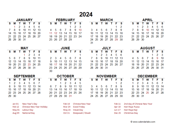 2024 Year at a Glance Calendar with Singapore Holidays