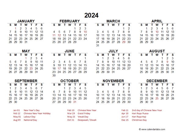 Year At A Glance Calendar 2024 Free Printable Word