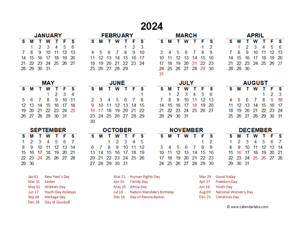 2024 Year at a Glance Calendar with South Africa Holidays