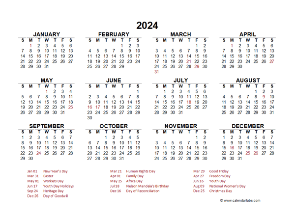 2024 Year at a Glance Calendar with South Africa Holidays - Free