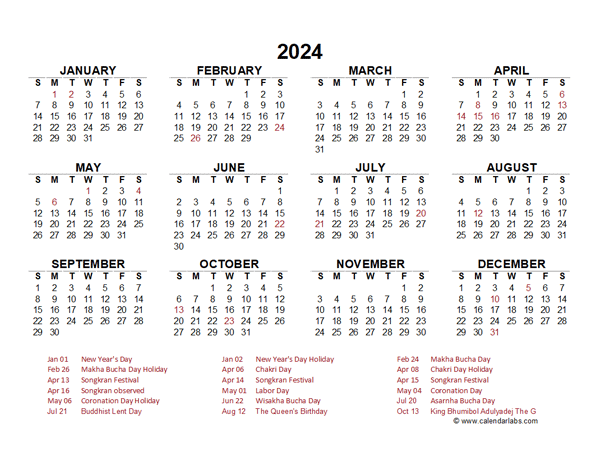 2024 Year at a Glance Calendar with Thailand Holidays