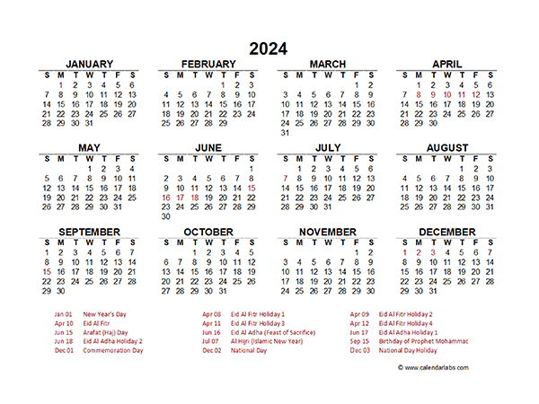 2024 Year at a Glance Calendar with UAE Holidays