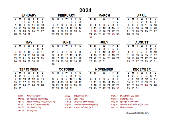 2024 Year at a Glance Calendar with UK Holidays