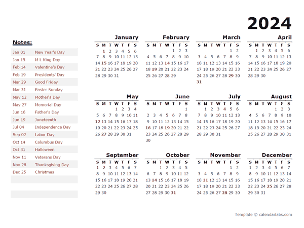 2024 Yearly Calendar Template With US Holidays