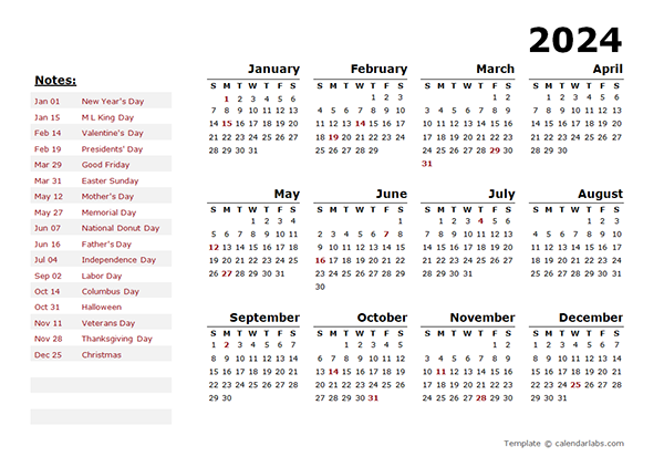 2022 Year OpenOffice Calendar Template With US Holidays