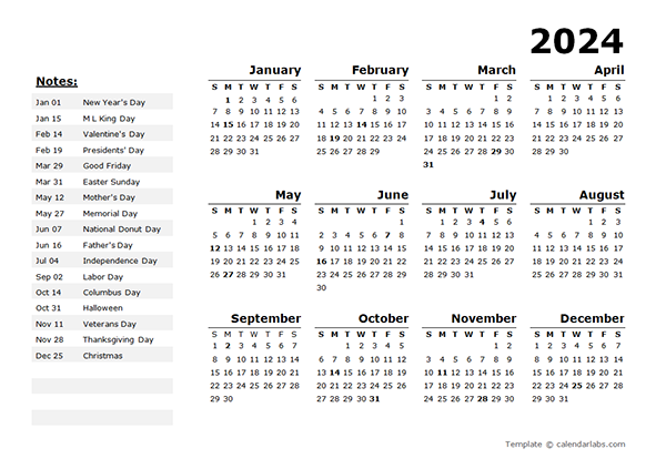 2024 Year Calendar Template with US Holidays