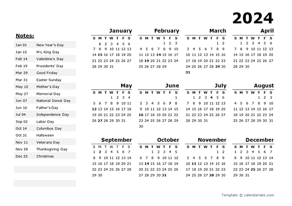 2024 Year Calendar Template with US Holidays - Free Printable Templates