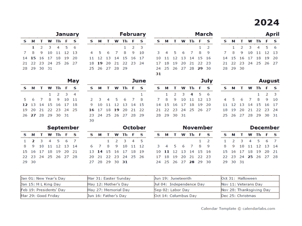 2024 Yearly Calendar Template With US Holidays