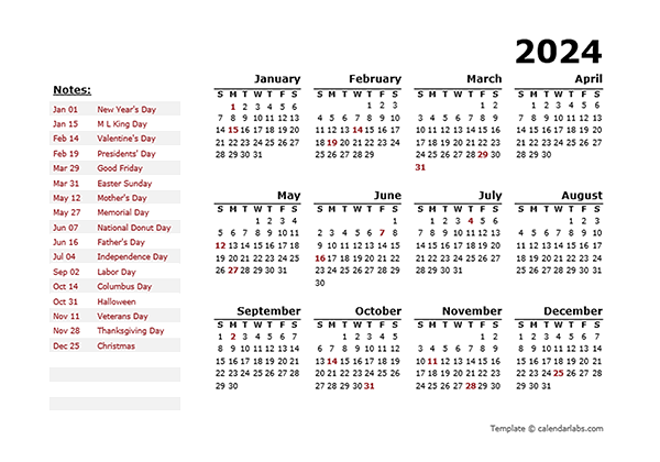 2024 Year Calendar Word Template With Holidays