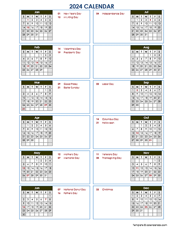 2024 Year At A Glance Word Calendar Template Free Printable Templates