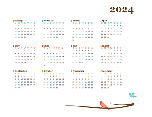 2024 Blank Yearly Calendar Bird Template