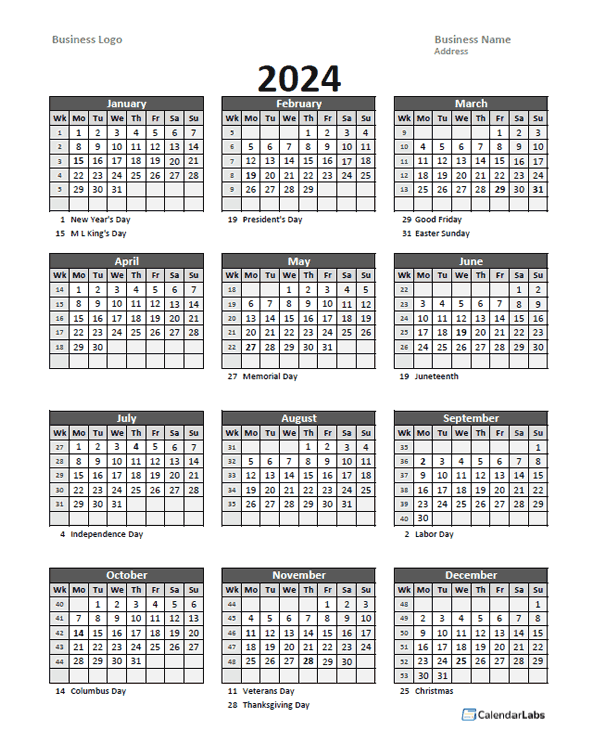 2024 Yearly Business Calendar With Week Number