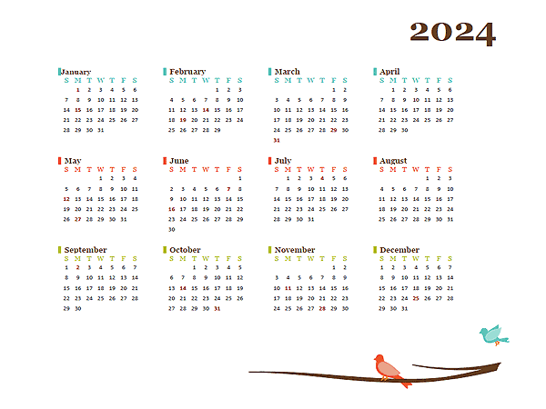 2024 Yearly Calendar Bird Template