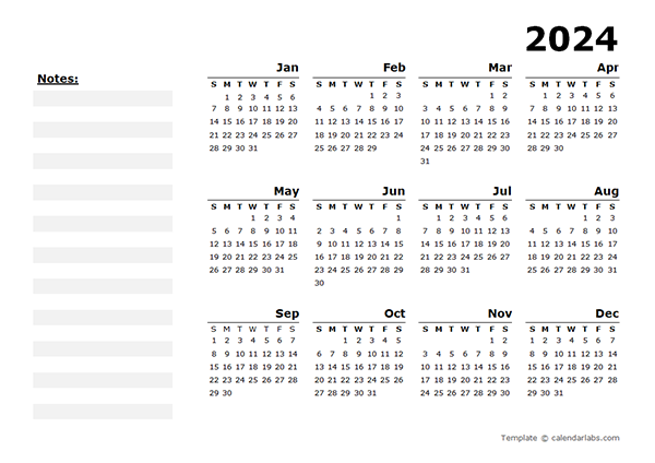 2024 Yearly Calendar Blank Minimal Design 