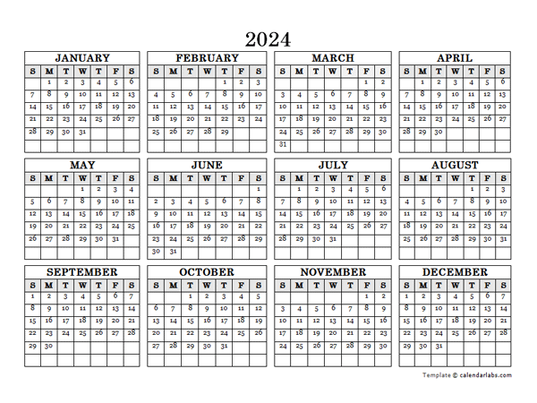 2024 Blank Yearly Calendar Landscape - Free Printable Templates