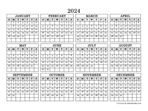 2024 Yearly Calendar Printable Landscape Roxi Wendie