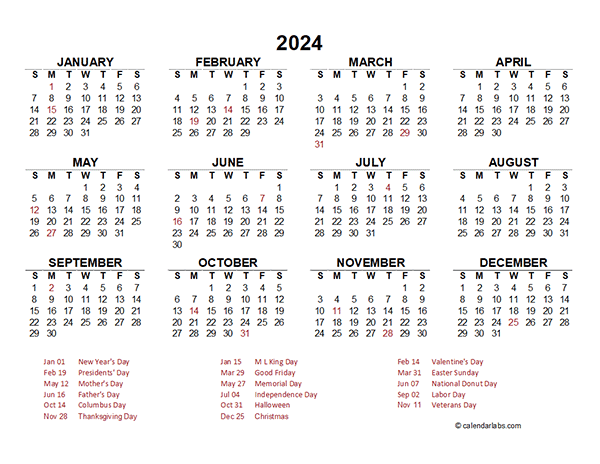 2024 Yearly Calendar Template Excel
