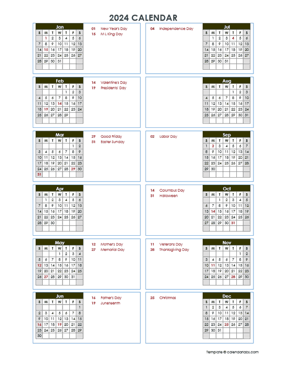 2024 Yearly Calendar Template Vertical Design