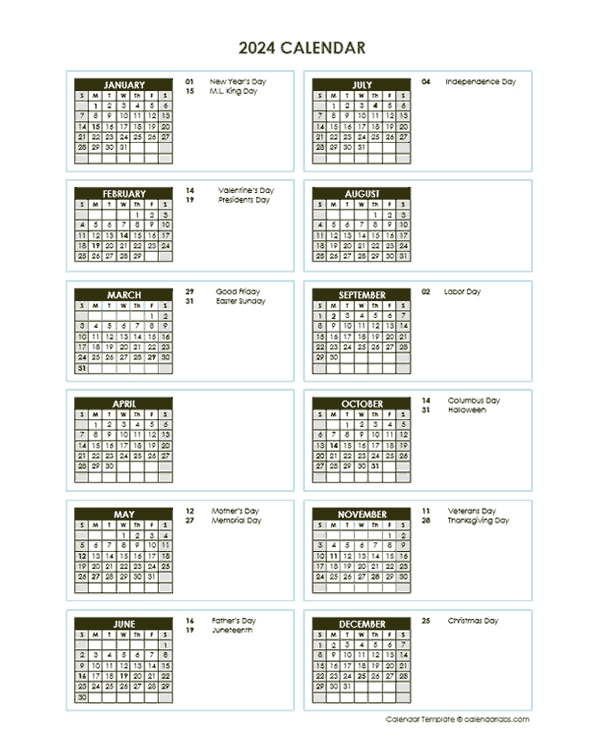 Printable Yearly Calendar 2024 Vertex42 Printable Online