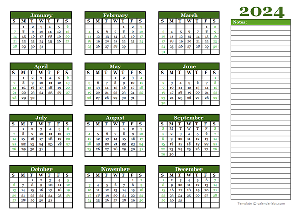 2024 Yearly Calendar With Blank Notes