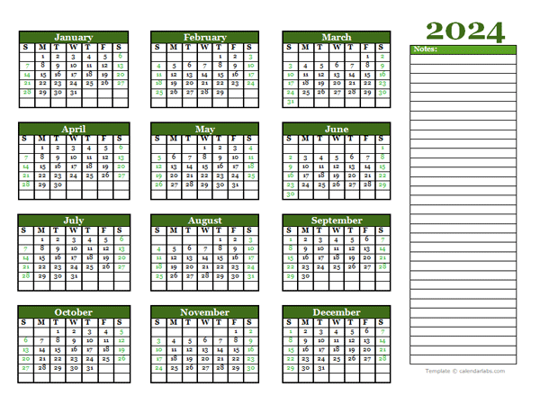 2024 Yearly Calendar With Blank Notes