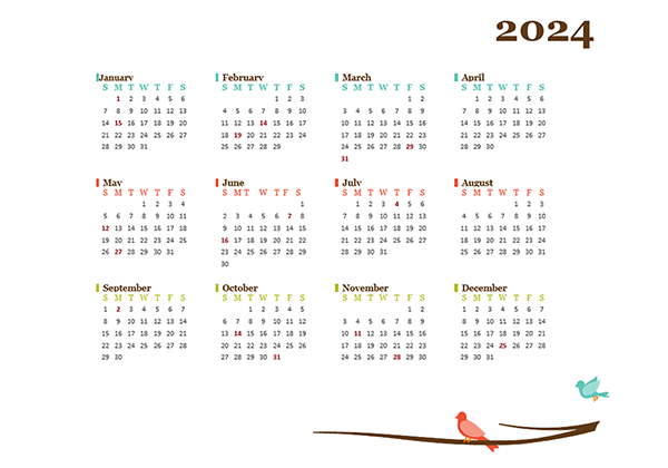 2024 Yearly Editable Word Calendar Template