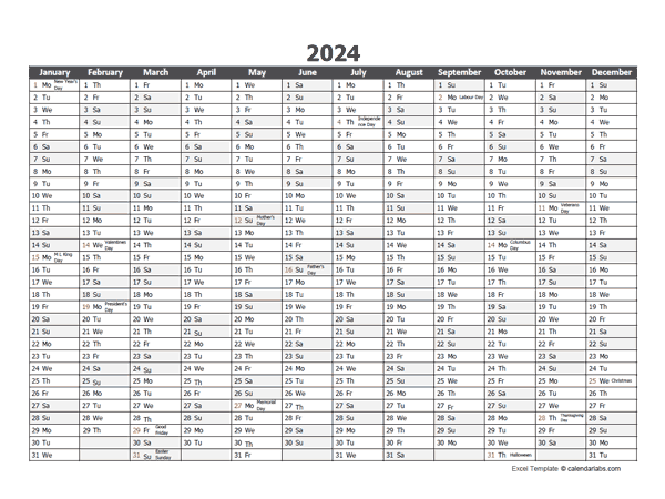 Editable 2024 Yearly Excel Scheduling Calendar