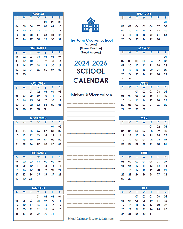 2024 Yearly Free Editable School Aug-Jul Calendar