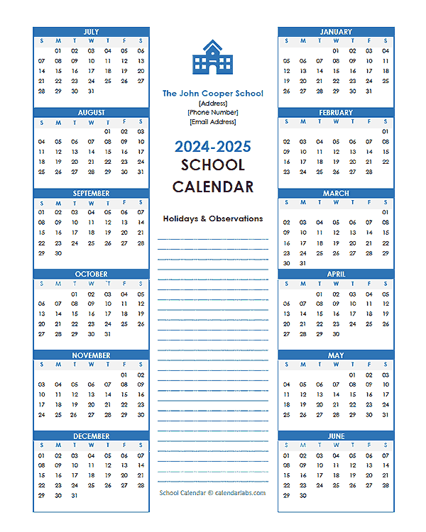 2024 Yearly Free Editable School Jul-Jun Calendar