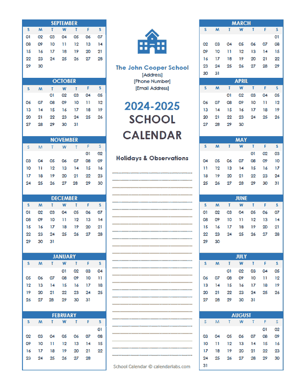 2024 Yearly Free Editable School Sep-Aug Calendar