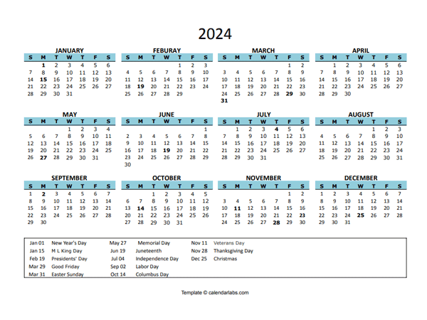 2024 Yearly Google Docs Calendar With Holiday - Free Printable Templates